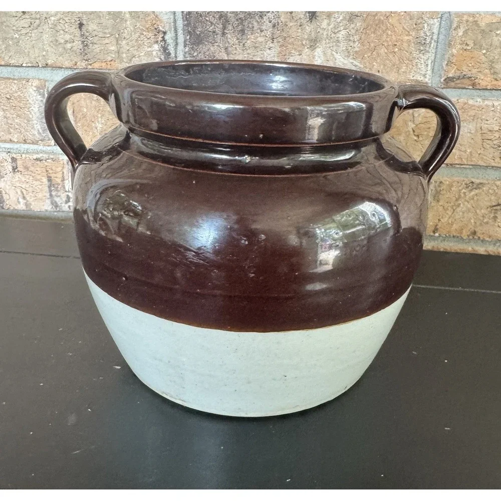 Vintage Stoneware Crock Jar w/ Handles 2 qt Bean Pot Primitive Mid Century
